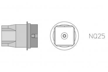 The image displays a technical drawing of a component. It is visible from the side and from above. The component has a square opening in the center and the label "N025" next to it.