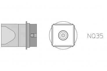 The image shows a technical drawing of a smaller object, possibly a sensor or a camera. There are views from the side and from above, labeled "NQ35".
