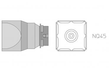 The image shows a technical drawing of an object, from the side and from above. It has a round and a square shape, with a small opening in the middle.