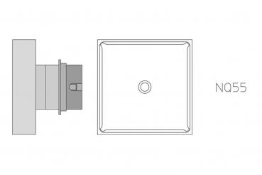 The image shows a technical drawing of a square object with a round center. It has a flat surface and an apparently round attachment part on the side.