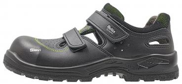 Der Schuh ist schwarz mit grünen Akzenten und hat einen verstärkten Zehenschutz. Er verfügt über zwei verstellbare Klettverschlüsse und eine griffige, profilierte Sohle. Ideal für Arbeit oder Freizeit.