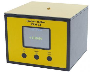 The image shows a square, black ionizer tester with a yellow top. In the center, there is a screen, and below are buttons for 