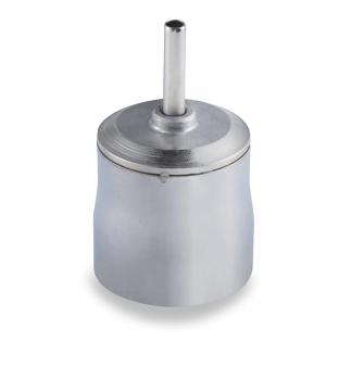 The image shows a shiny, silver container with a long, thin tube at the top. The container has a round, wide base and a narrower top opening.