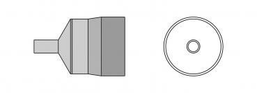 The image shows two views of a conical object. On the left is the side view with a narrow opening at the end. On the right is the top view showing a circle with a small hole in the center.