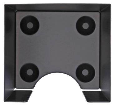 Das Bild zeigt eine schwarze, quadratische Platte mit abgerundeten Ecken. In den Ecken befinden sich vier runde Vertiefungen. Unten ist eine Aussparung in Form eines Bogens.