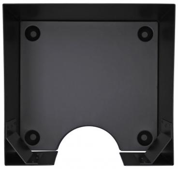 The image shows a square, flat, black plate with rounded corners and four holes in the corners. There is a semicircular indentation at the bottom.