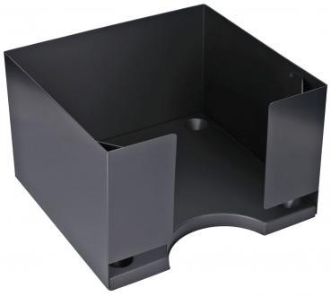 The image depicts a square, open container in matte black. It has two side walls and a round cutout at the front, which allows easy access.