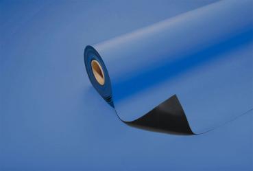 The image shows a roll of blue paper that is partially unrolled. The surface is smooth and glossy. There is a black area visible at the bottom, while the rest is blue.