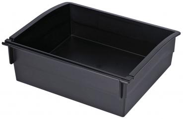 It is a rectangular, flat box made of black plastic. It has a slightly curved top edge and is open, without a lid. The walls are sturdy and the corners are rounded.