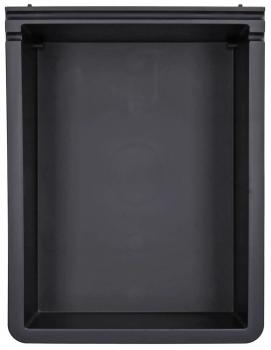 The image shows a rectangular container made of black material. It has tall, straight sides and an open top. The bottom is flat and gray, the interior surface appears smooth.