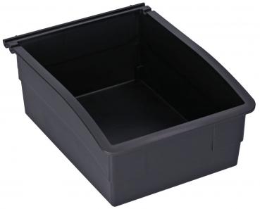 It is a rectangular, black plastic box with an open top and slightly slanted sides. It has no additional decoration and is designed to be functional.