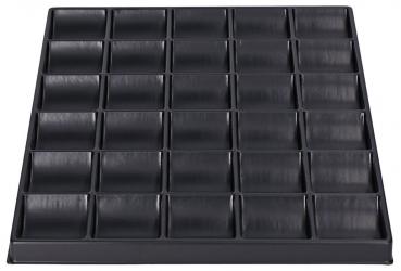 The image displays a square, black tray with 25 rectangular compartments, arranged in 5 rows and 5 columns. The compartments are shallow and have slightly curved tops.