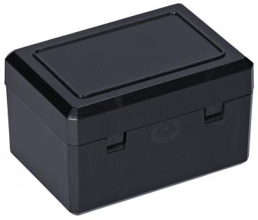 Das Bild zeigt eine rechteckige, schwarze Kunststoffbox mit glatten, leicht glänzenden Oberflächen. Die Box hat einen flachen Deckel und zwei seitliche Verriegelungen.