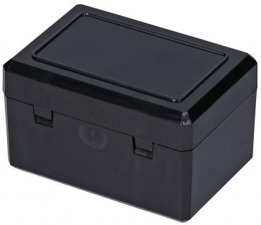 Die Abbildung zeigt eine rechteckige, schwarze Kunststoffbox mit einem glatten Deckel. Sie hat seitliche Verschlüsse und eine schlichte, moderne Form. Sie wirkt stabil und funktional.