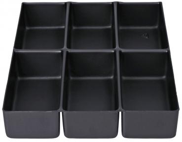 Das Bild zeigt einen schwarzen Organizer mit acht gleich großen Fächern. Die Fächer sind in zwei Reihen und vier Spalten angeordnet, alle mit gleichen Abmessungen.