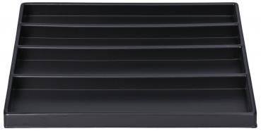 The image displays a flat, rectangular storage system in black with six slanted compartments. It is used for organized storage of documents or similar items.