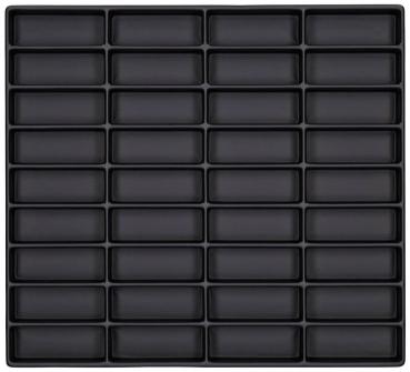 Das Bild zeigt ein quadratisches Gitter aus rechteckigen, flachen Fächern. Alle Fächer sind gleichmäßig angeordnet und haben eine schwarze Farbe. Es gibt insgesamt 48 Fächer in 6 Zeilen und 8 Spalten.