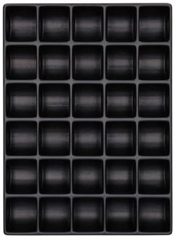Das Bild zeigt ein schwarzes Tablett mit 36 gleichmäßig angeordneten, quadratischen Fächern. Jedes Fach ist leer und hat abgerundete Ecken. Die Anordnung ist in sechs Zeilen und sechs Spalten.