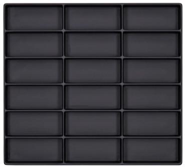 Das Bild zeigt eine quadratische Anordnung von 20 flachen, rechteckigen Fächern auf einer schwarzen Fläche. Die Fächer sind gleichmäßig verteilt und bieten einen organisierten, minimalistischen Eindruck.