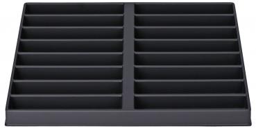 The image displays a rectangular, black storage tray with multiple compartments. It is divided into two main sections, which are further segmented into equal parts.