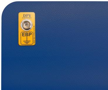 The image displays an orange inscription labeled "DPV EBP" with a round connector in the center, set against a blue, textured background. The corners are rounded.