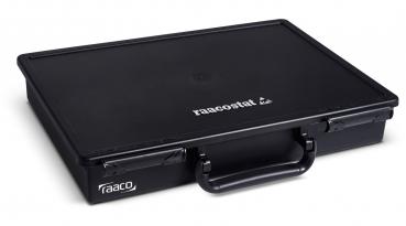 The image shows a black plastic box with a hinged lid. Inside, there are small compartments arranged to organize various items. The box has a simple design.