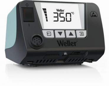 The image displays a black soldering iron stand with a digital display. There are buttons for temperature adjustment. The temperature display reads 350 °C. The manufacturer name 