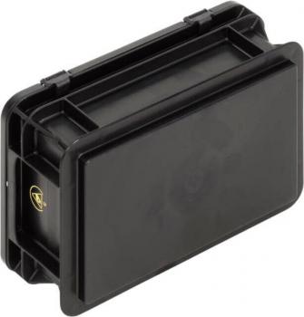 Das Bild zeigt eine schwarze, rechteckige Behälterbox mit abgerundeten Ecken und einem Deckel. Sie hat eine glatte Oberfläche und eine kleine Verschlussmechanik auf der Oberseite.