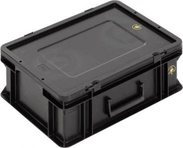 Das Bild zeigt eine schwarze Kunststoffbox mit einem flachen Deckel. Sie hat abgerundete Kanten, seitliche Griffe und ist stabil konstruiert, ideal für die Aufbewahrung von Gegenständen.