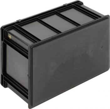 Das Bild zeigt eine rechteckige, schwarze Kunststoffbox mit einem flachen Deckel. Die Oberseite hat horizontale Rillen und der Korpus ist robust. Die Ecken sind leicht abgerundet.