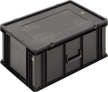 Das Bild zeigt eine schwarze, rechteckige Kunststoffbox mit einem flachen Deckel und einer Handgrifföffnung an der Vorderseite. Die Box hat eine robuste Struktur und ist für Aufbewahrung gedacht.