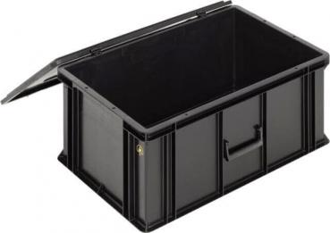 Das Bild zeigt eine schwarze Kunststoffbox mit einem abnehmbaren Deckel. Sie hat eine rechteckige Form und einen kleinen Griff an der Vorderseite. Die Oberfläche ist glatt und stabil.