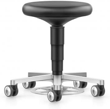 The image shows an adjustable-height, black stool with a round, padded seat. It stands on a silver base with four wheels, which allow for mobility.