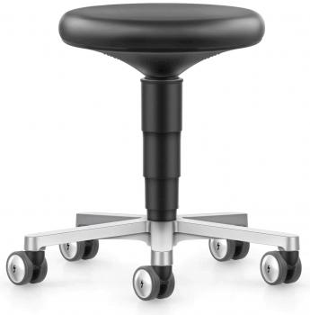 The image shows an adjustable stool with a round, black seat. The stool has a narrow, black support and a base with five silver casters.