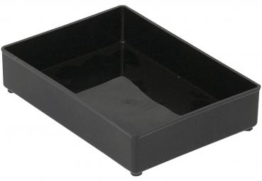 Das Bild zeigt eine rechteckige, flache Schale aus schwarzem Kunststoff. Sie hat gerade Wände, einen glatten Boden und keine Muster oder Dekorationen. Ideal zum Organisieren.