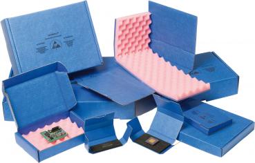 The image shows a rectangular, blue cardboard box with a matte surface. In the center, there is a symbolic triangle depicted, surrounded by text. The box has a simple, functional shape.
