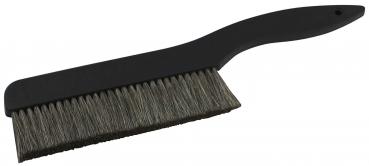 The image shows a black brush with a wide, flat shape and dense, short bristles. The handle is ergonomic and slightly curved to provide a comfortable grip.