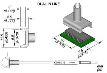 The image displays a technical drawing of a component with dimensions. It consists of a rectangular base with a long, narrow connector that is mounted on a circuit board.