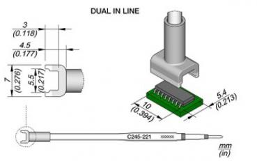 The image displays technical drawings of a DUAL IN LINE connector. Dimensions in mm are provided, showing the sizes of both the connector and the circuit board. The connector has a cylindrical shape and is attached to a circuit board.