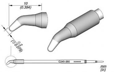 The image displays a technical drawing of a device with a curved end and a straight body. The dimensions are provided, including diameter and length.