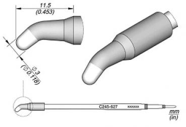 The image displays technical drawings of a curved instrument with a thin, pointed tip. There are measurements in millimeters that describe the size and shape of the object.