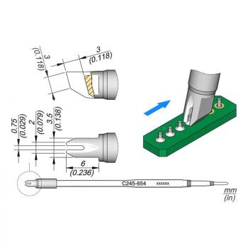 The image displays technical drawings of a component. At the top, dimensions and sketches of a head are shown. Below, a wire leads to a circuit board with contact points.