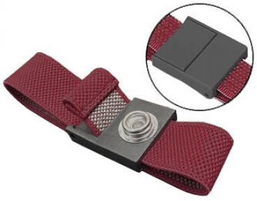 The image shows a reddish-brown strap with a metallic buckle in the center. Next to it is a black, flat connector depicted, which serves as a closure.