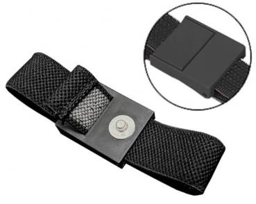 The image shows a black belt made of solid material with a wide buckle in the center. Next to the belt, there is an enlarged depiction of the buckle.