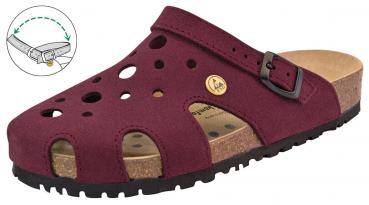 The shoe is a red-brown clog with round holes for ventilation. It features a comfortable cork sole, a strap with a buckle, and a non-slip sole. Ideal for everyday use.