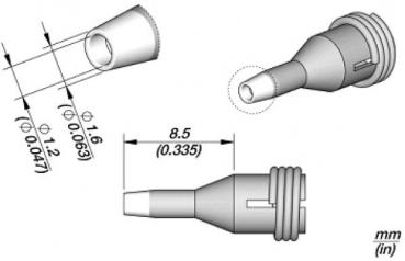 The image displays technical drawings of a connector from various perspectives. Dimensions are provided, including diameter and length in millimeters and inches.