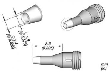 The image displays a technical drawing of an object, likely a connector. It features three views: one side view and two different views with dimensions in millimeters and inches.