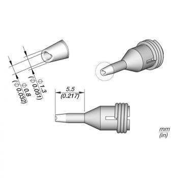 The image displays technical drawings of a small, conical attachment with various views and dimensions in millimeters. The attachment has a straight tip and a ridged handle.