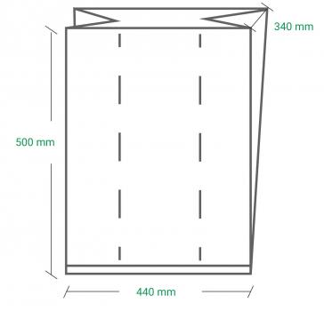 The image displays a technical drawing of a folded paper or document. The dimensions are specified: 500 mm high, 440 mm wide, and 340 mm at the top. Dashed lines indicate the folding lines.