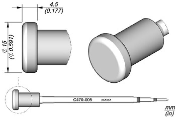 The image displays technical drawings of a cylindrical object with a rectangular head and a narrow connection, showing measurements and details.